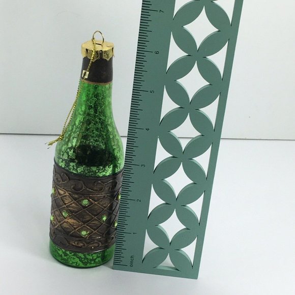 Wine Bottle Christmas Holiday Glass Ornament With Stones Green Ornate 6" Hanging - Picture 7 of 12